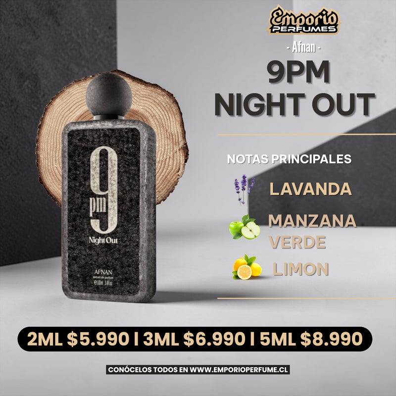 Decantes Afnan 9PM Night Out botella vidrio oscuro con notas de lavanda y manzana verde