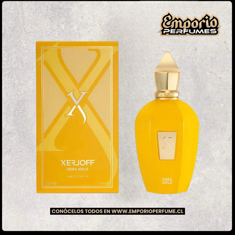 Perfume Xerjoff Erba Gold 50 ml en botella de vidrio amarillo con tapa dorada y caja original