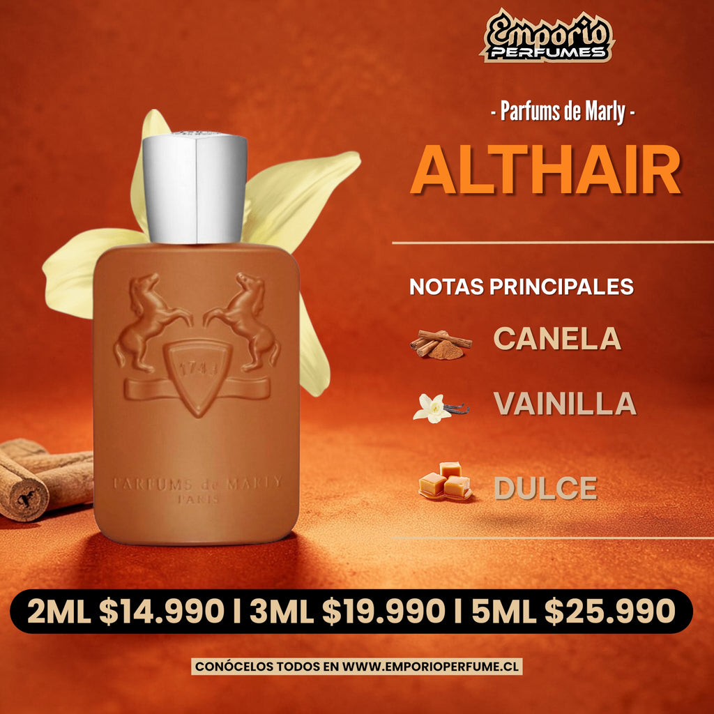 Perfume Althair de Parfums de Marly para hombre con notas de canela, vainilla y caramelo en frasco marrón