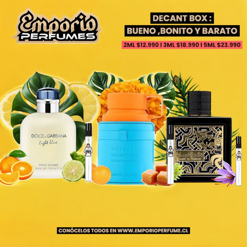 Caja de decantes Dolce Gabbana Light Blue, Mandarín Sky y Qaed Al Fursan con frutas tropicales