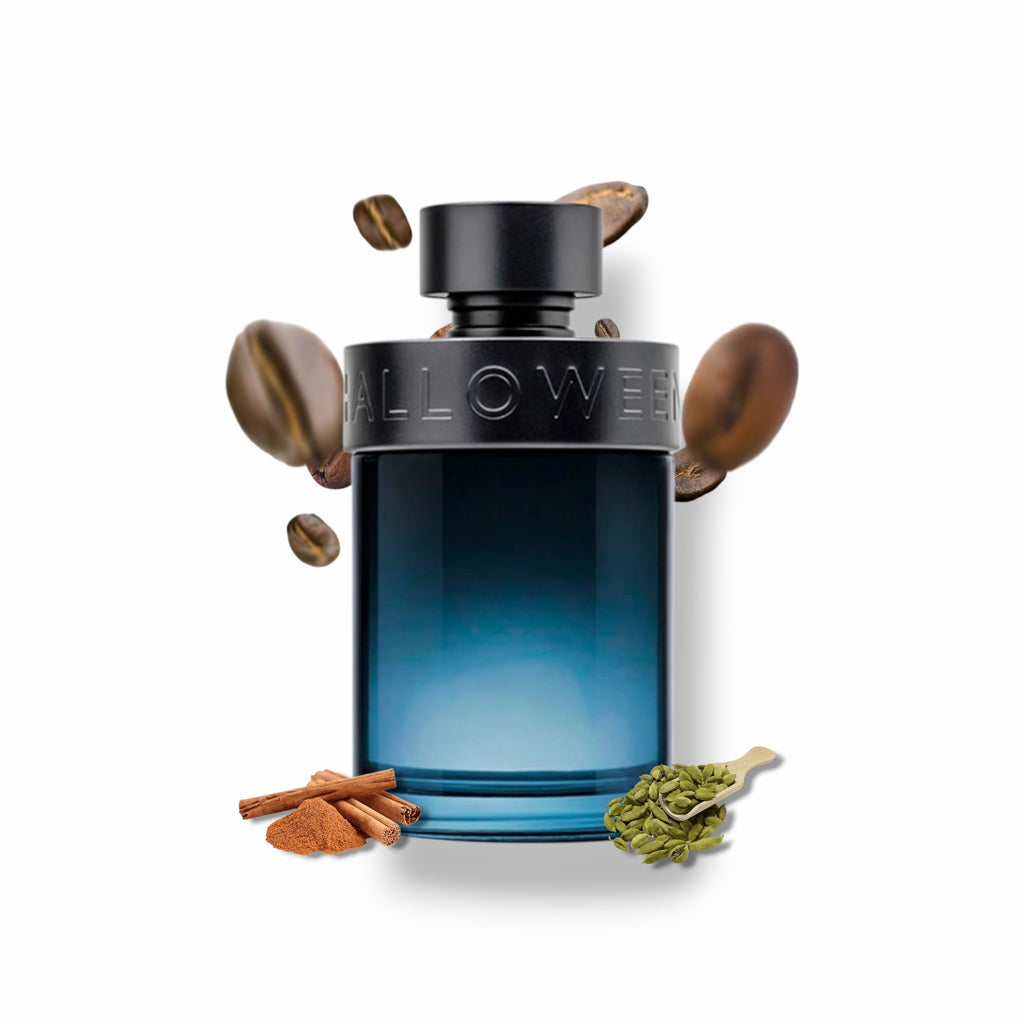 Fragancia Halloween Man X para hombre con granos de café y canela vidrio azul