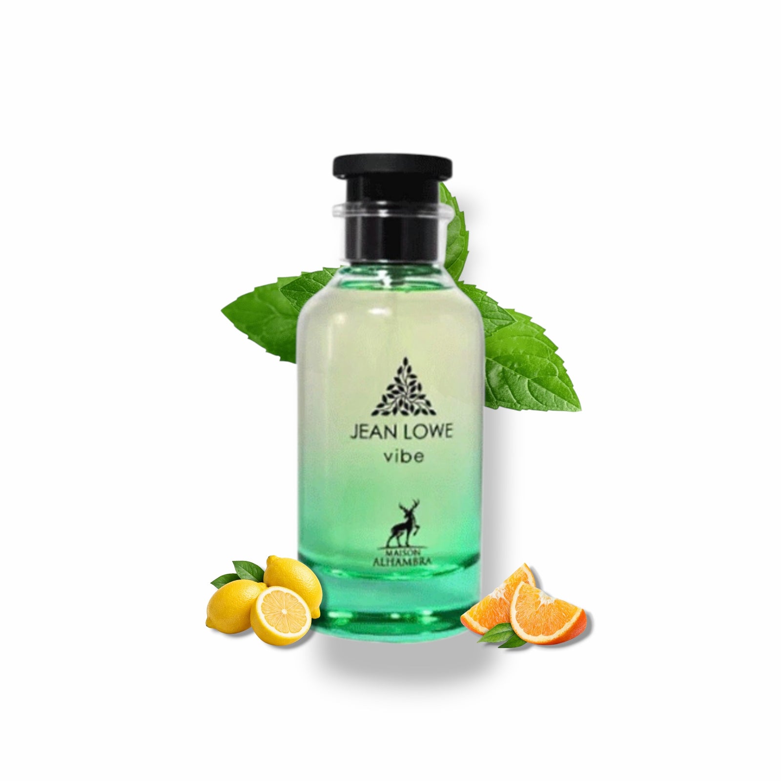 Decante de perfume Jean Lowe Vibe Maison Alhambra con notas cítricas y menta en botella verde