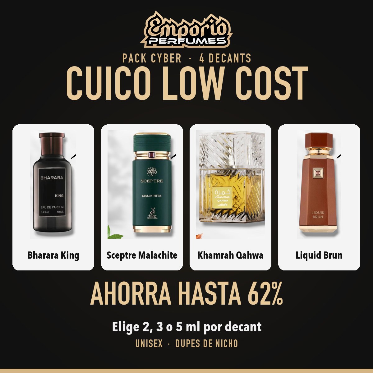Pack Cyber Cuico Low Cost: Bharara King, Maison Alhambra Sceptre Malachite, Lattafa Khamrah Qahwa, French Avenue Liquid Brun