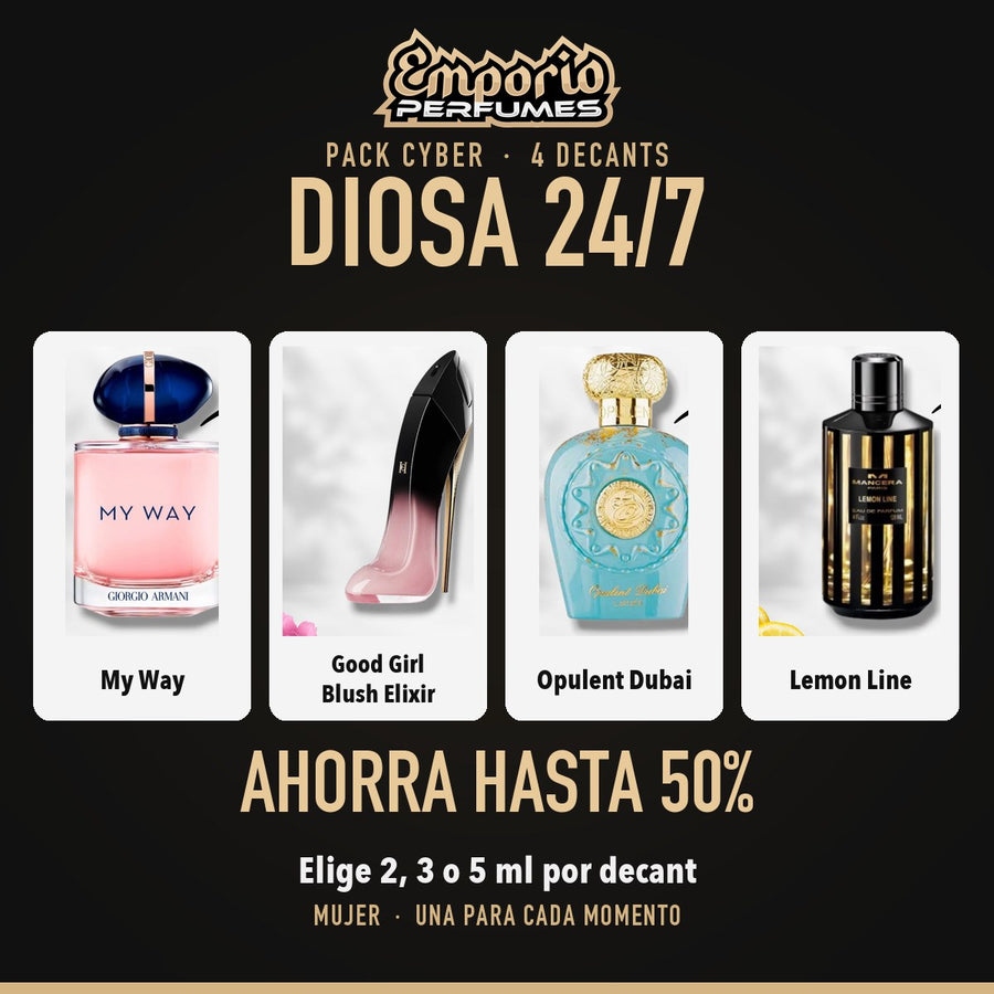 Pack Cyber Diosa 24/7: Armani My Way EDP, Carolina Herrera Good Girl Blush Elixir, Lattafa Opulent Dubai, Mancera Lemon Line
