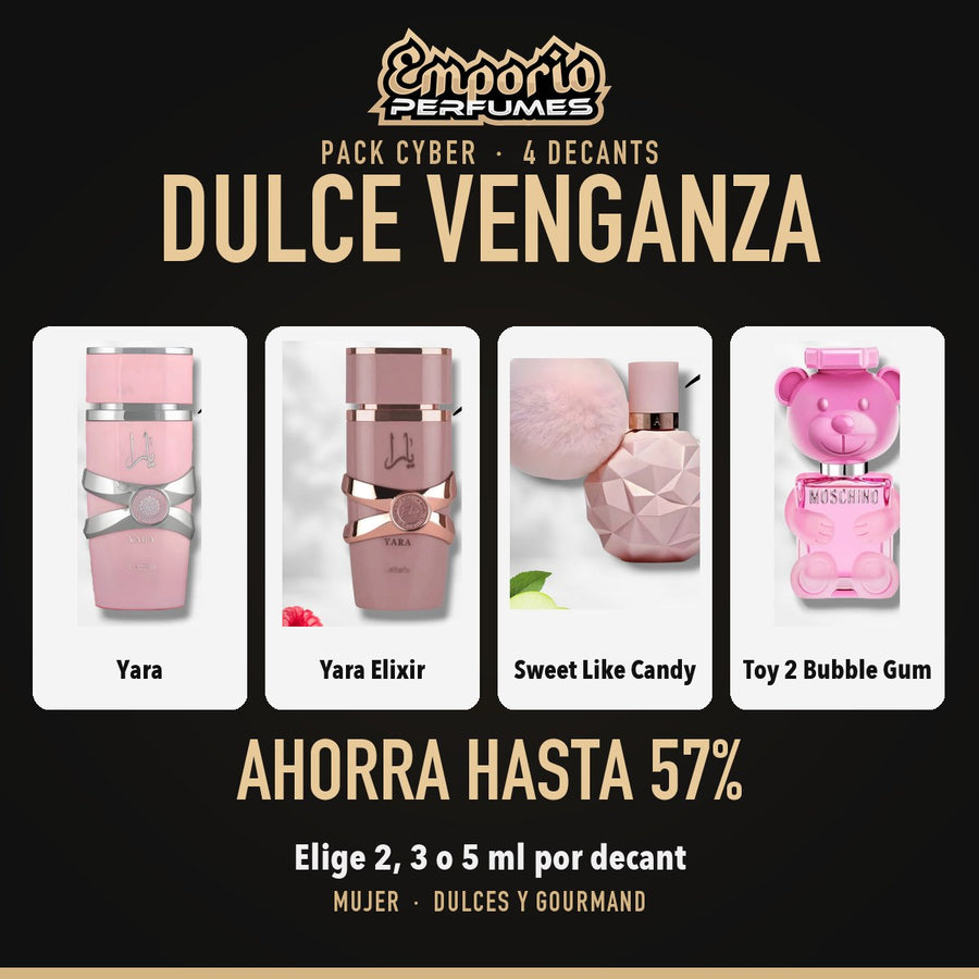 Pack Cyber Dulce Venganza: Lattafa Yara, Lattafa Yara Elixir, Ariana Grande Sweet Like Candy, Moschino Toy 2 Bubble Gum