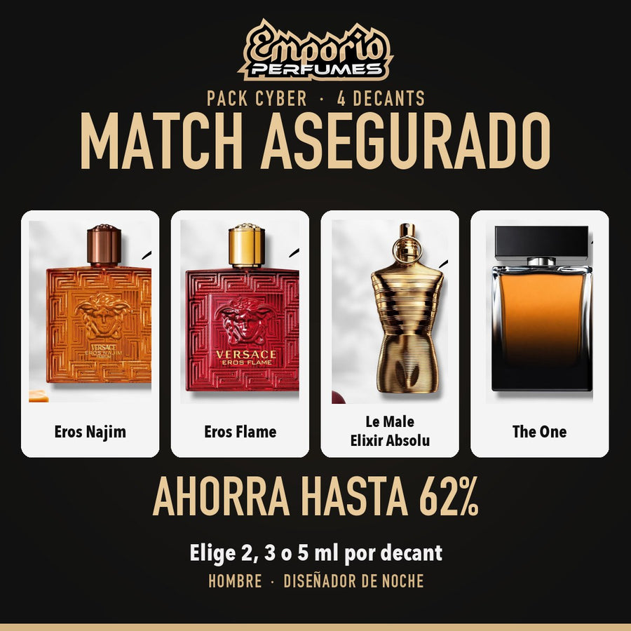 Pack Cyber Match Asegurado: Versace Eros Najim, Versace Eros Flame, JPG Le Male Elixir Absolu, Dolce & Gabbana The One (hombre)