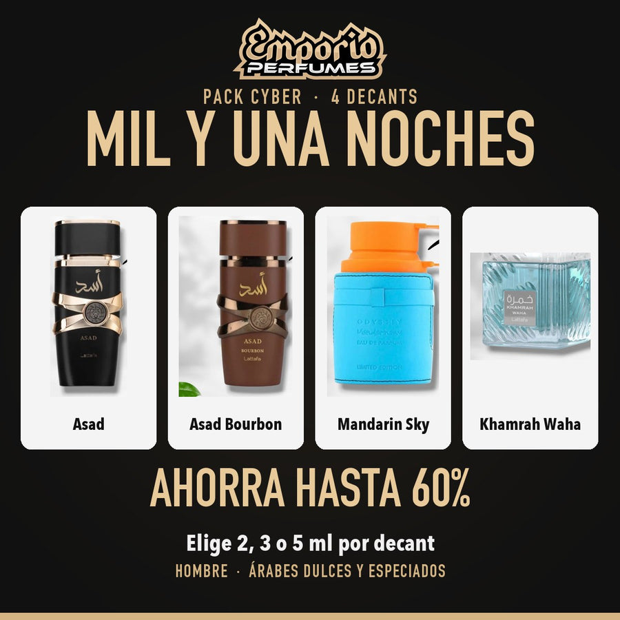Pack Cyber Mil y Una Noches: Lattafa Asad, Lattafa Asad Bourbon, Armaf Odyssey Mandarin Sky, Lattafa Khamrah Waha