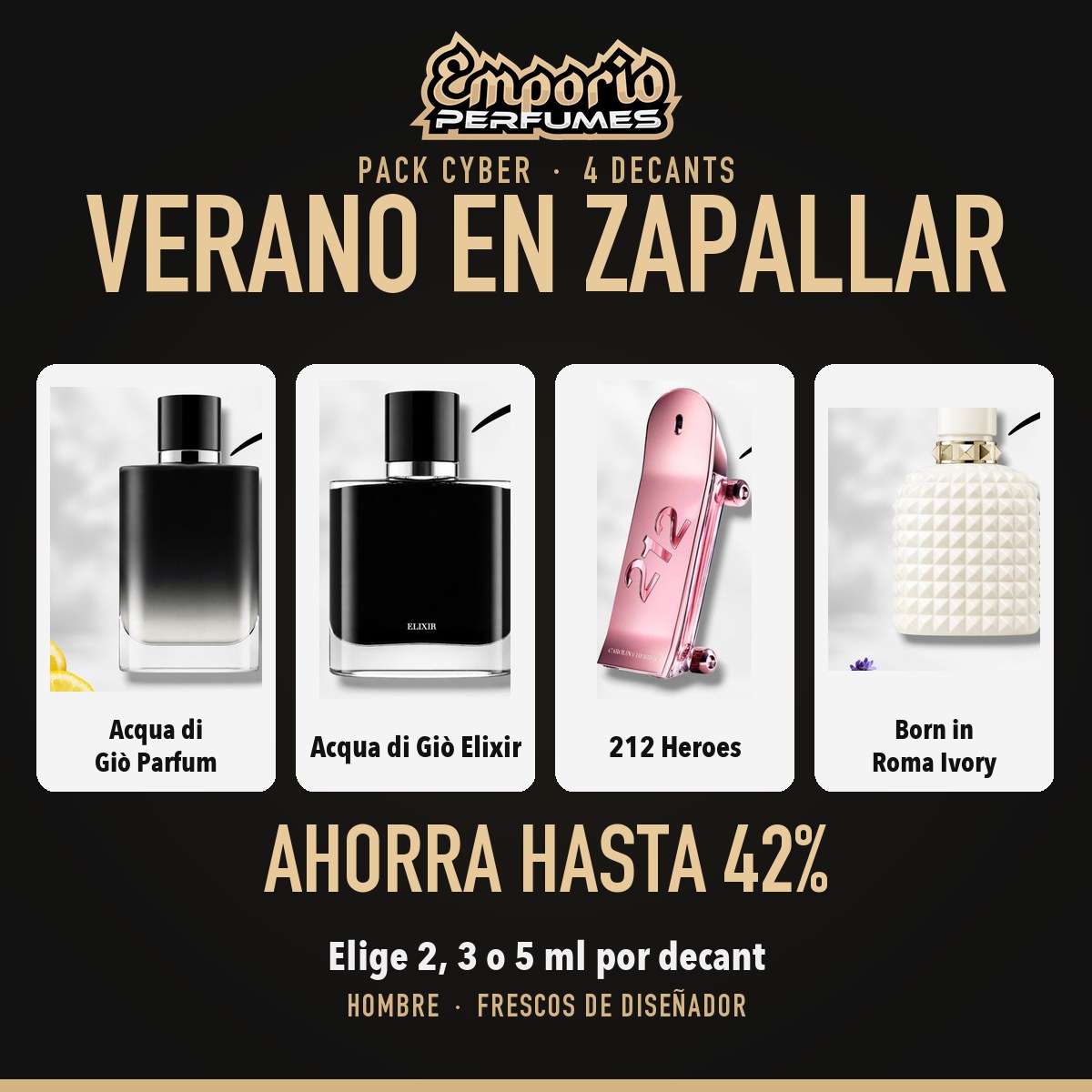 Pack Cyber Verano en Zapallar: Armani Acqua di Giò Parfum, Armani Acqua di Giò Elixir, CH 212 Heroes Forever Young, Valentino Born in Roma Ivory