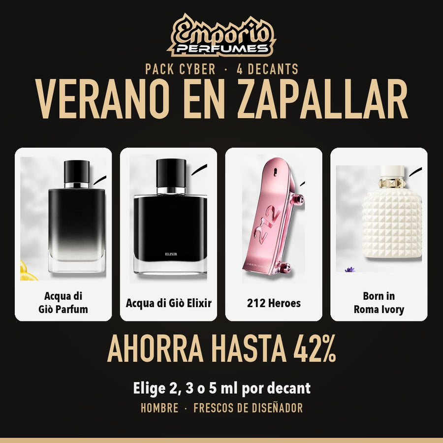 Pack Cyber Verano en Zapallar: Armani Acqua di Giò Parfum, Armani Acqua di Giò Elixir, CH 212 Heroes Forever Young, Valentino Born in Roma Ivory