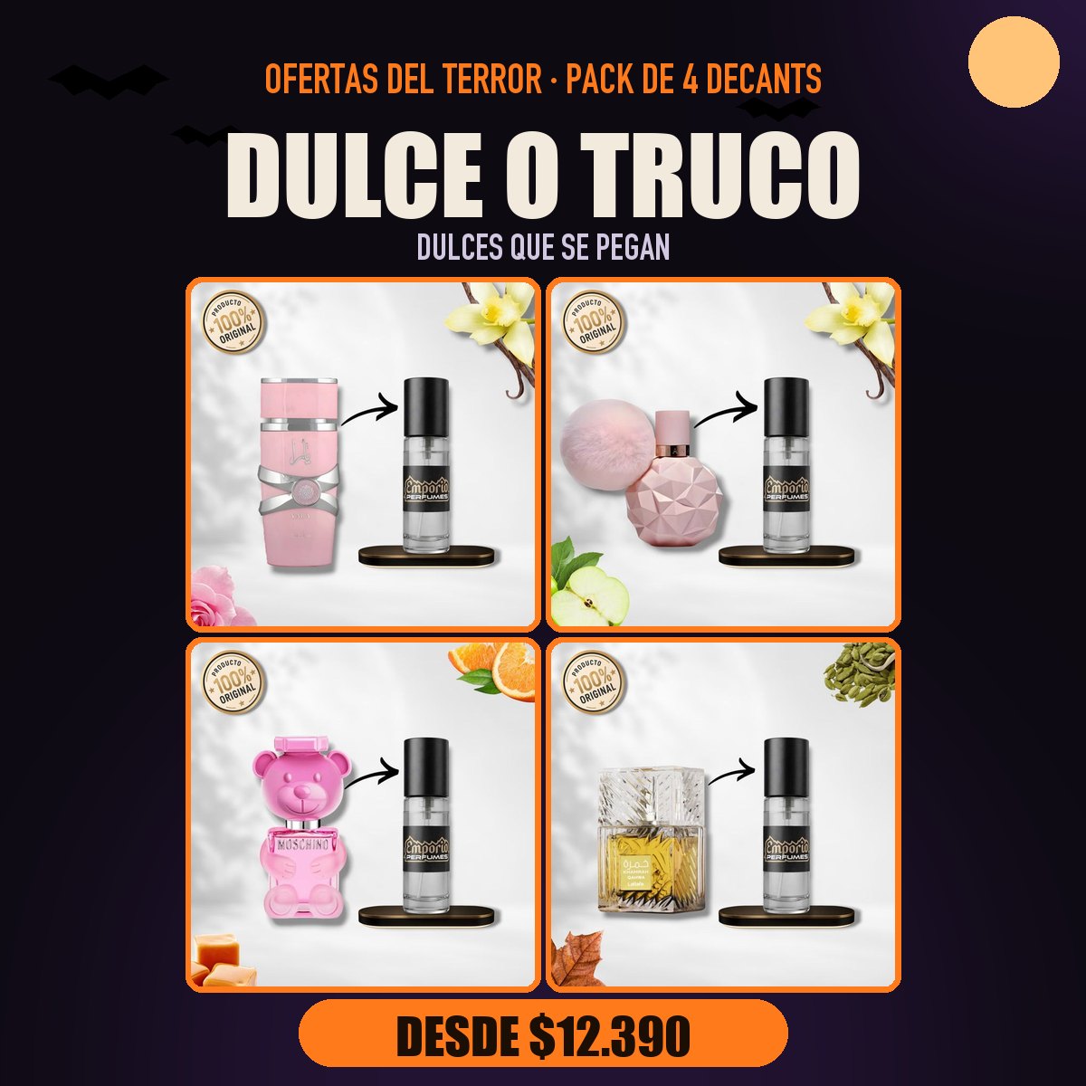 Pack del Terror Dulce o Truco: Lattafa Yara, Ariana Grande Sweet Like Candy, Moschino Toy 2 Bubble Gum, Lattafa Khamrah Qahwa