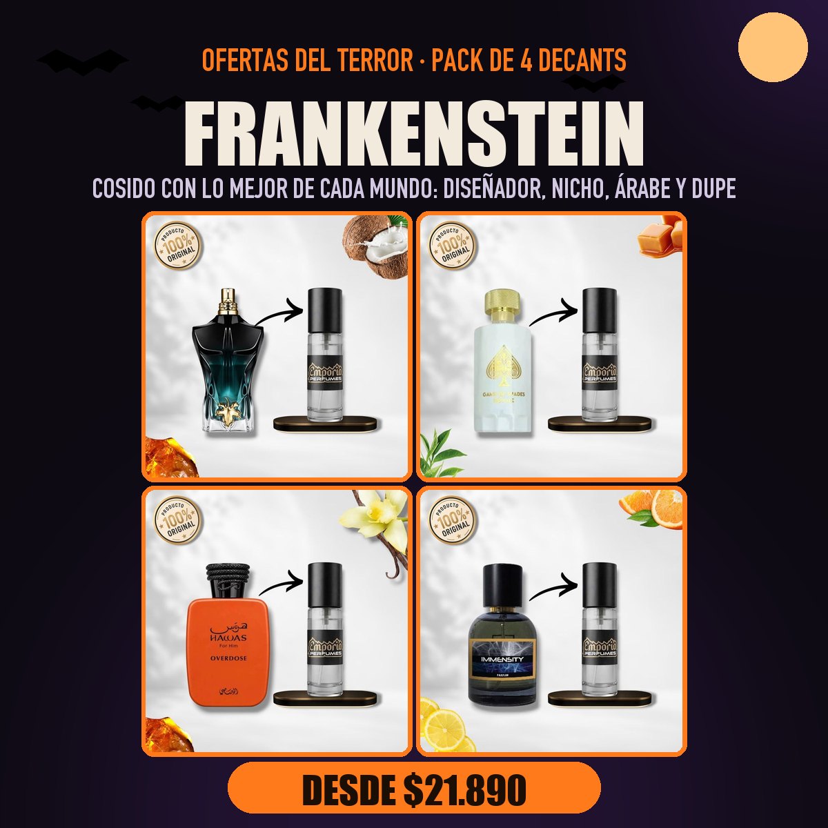 Pack del Terror Frankenstein: Jean Paul Gaultier Le Beau Le Parfum, Jo Milano Game Of Spades Royale, Rasasi Hawas Overdose, Pastor Fragance Brand New Inmensity