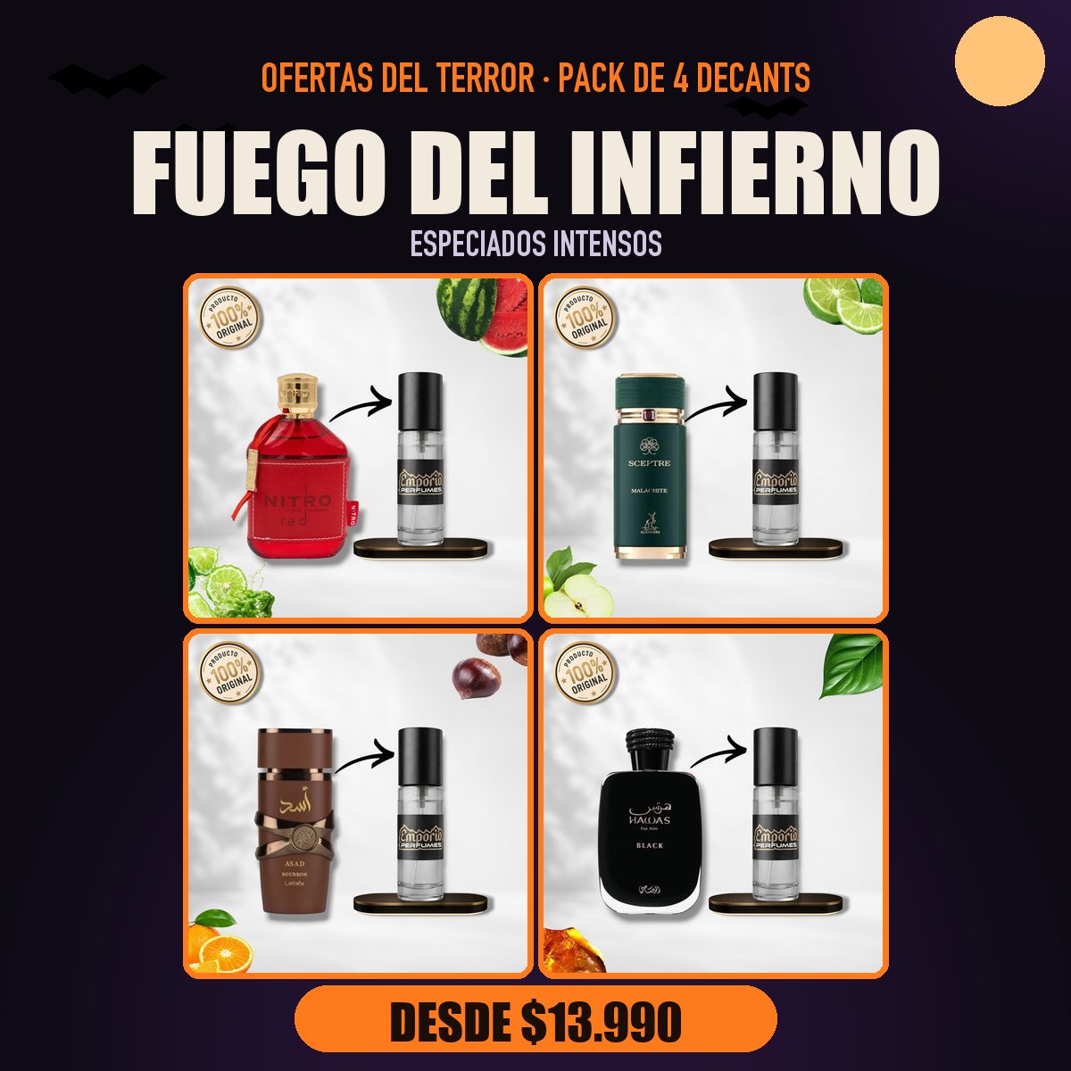 Pack del Terror Fuego del Infierno: Dumont Nitro Red, Maison Alhambra Spectre Malachite, Lattafa Asad Bourbon, Rasasi Hawas Black