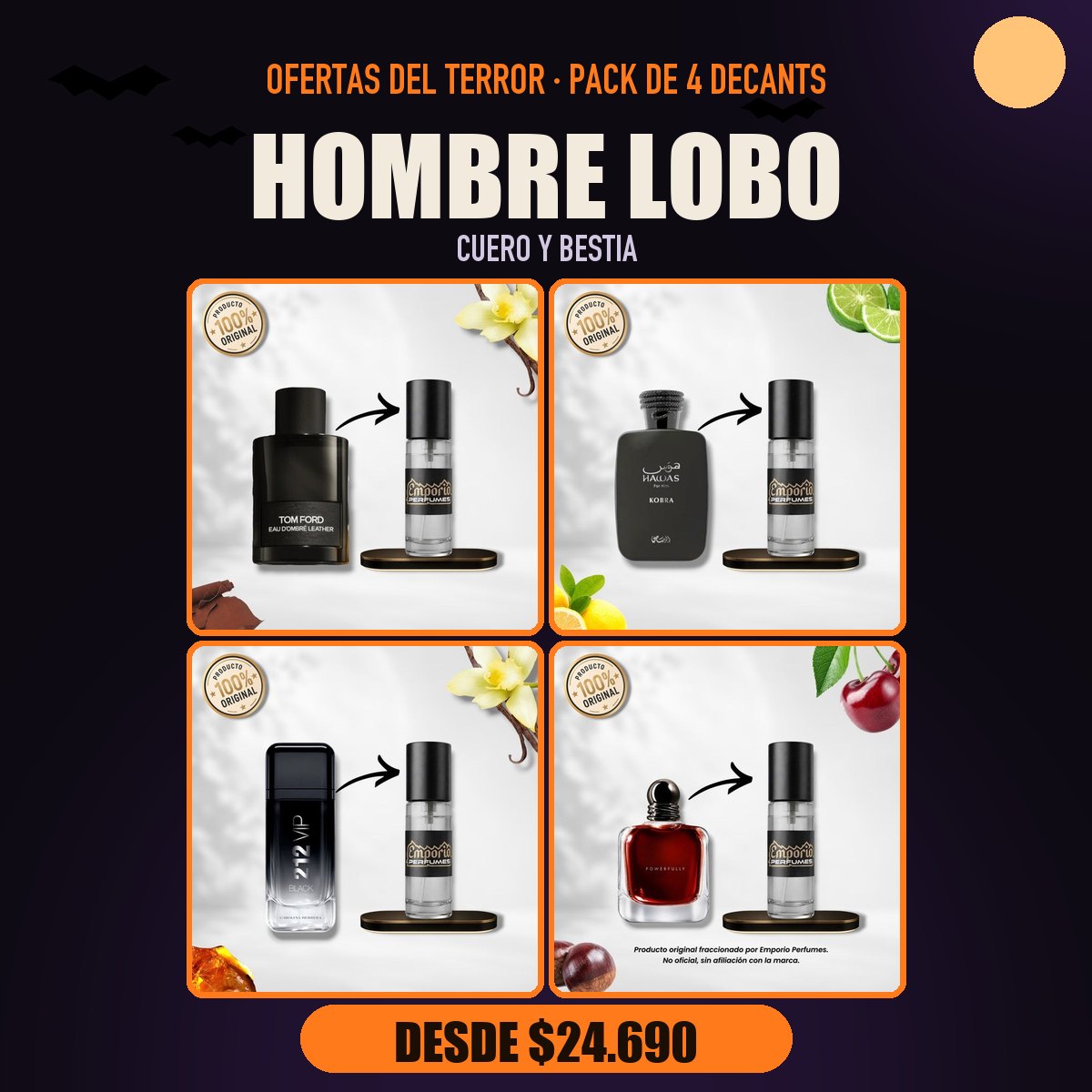 Pack del Terror Hombre Lobo: Tom Ford Ombré Leather, Rasasi Hawas Kobra, Carolina Herrera 212 VIP Black, Emporio Armani Stronger With You Powerfully