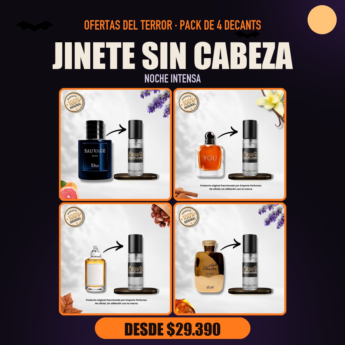 Pack del Terror Jinete sin Cabeza: Dior Sauvage elixir, Emporio Armani Stronger With You Intensely, Maison Margiela Replica By the Fireplace, Rasasi Hawas Elixir