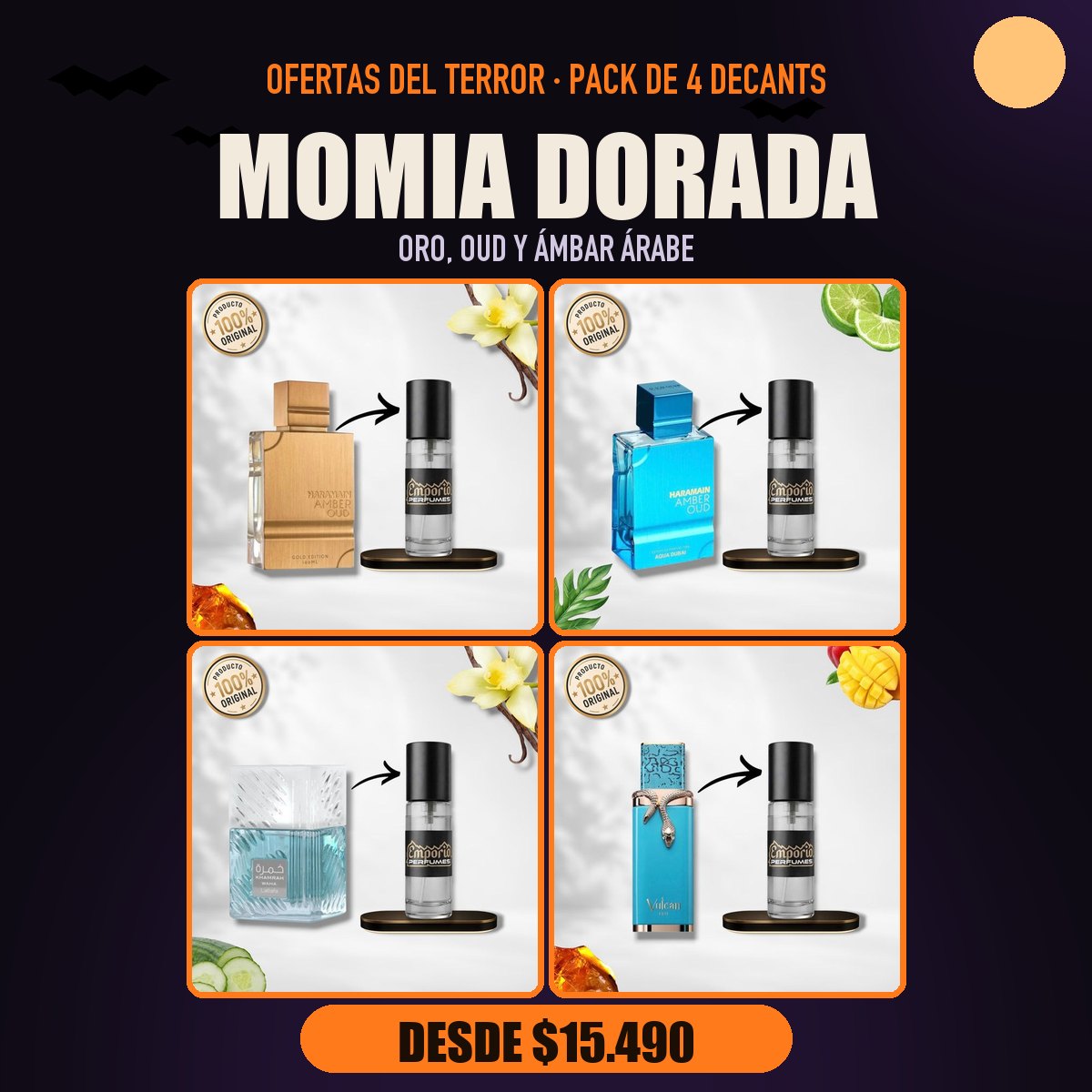 Pack del Terror Momia Dorada: Al Haramain Amber Oud Gold Edition, Al Haramain Acqua Dubai, Lattafa Khamrah Waha, French Avenue Vulcan Feu