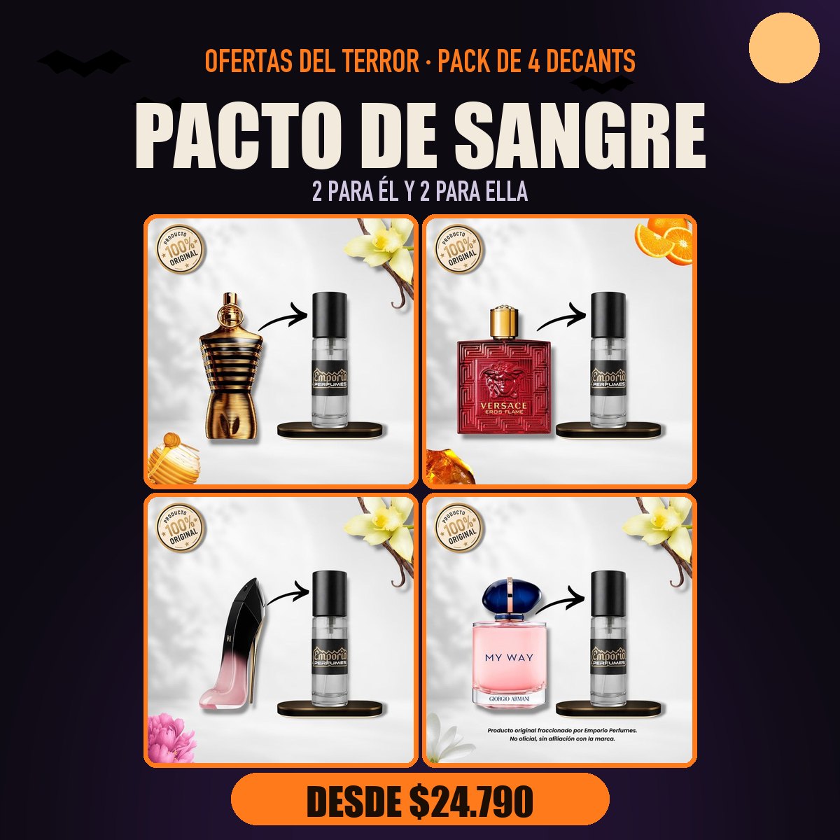 Pack del Terror Pacto de Sangre: Jean Paul Gaultier Le Male Elixir, Versace Eros Flame, Carolina Herrera Blush Elixir EDP, Giorgio Armani My Way