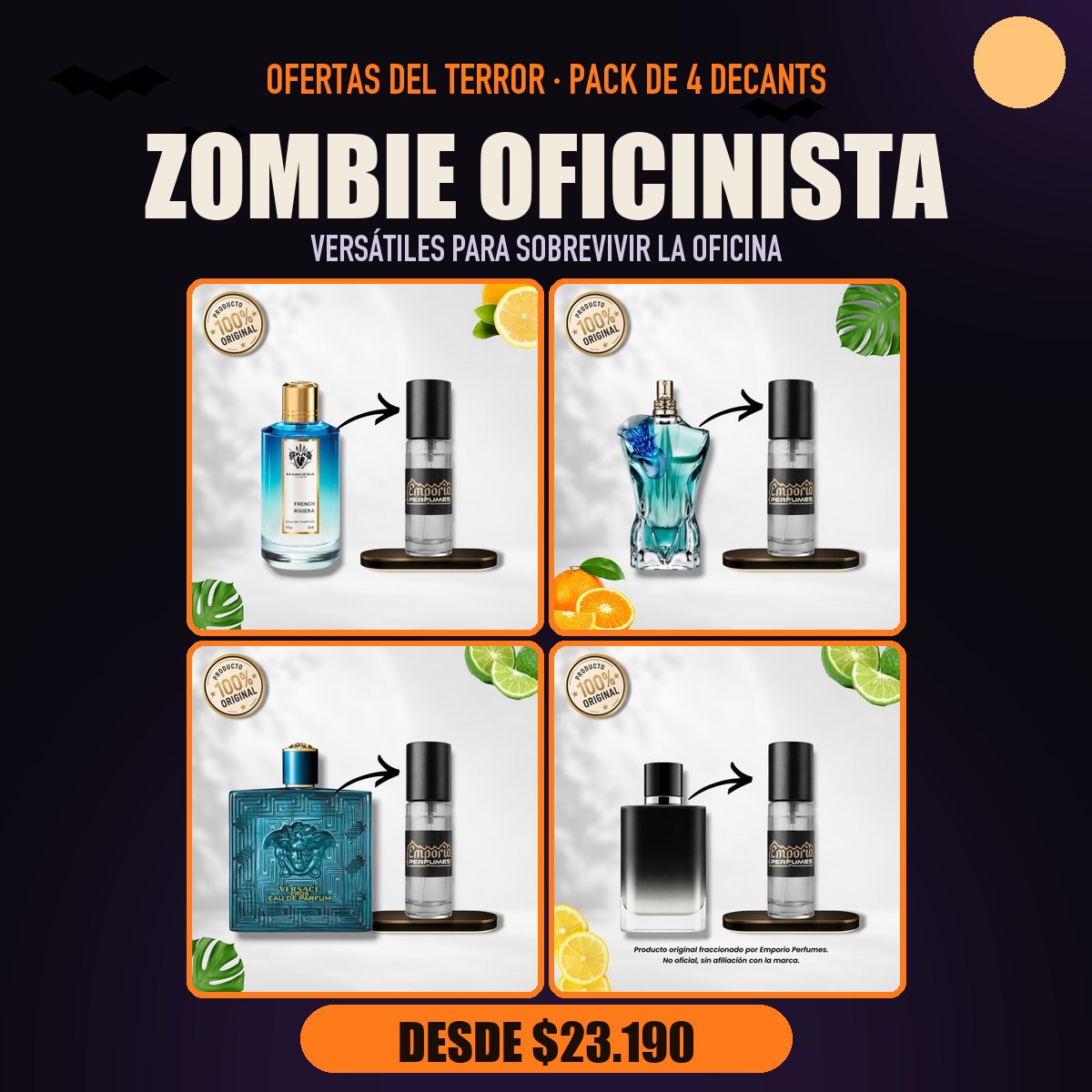 Pack del Terror Zombie Oficinista: Mancera French Riviera, Jean Paul Gaultier Le Beau Flower, Versace Eros EDP, Giorgio Armani Acqua Di Gio Parfum